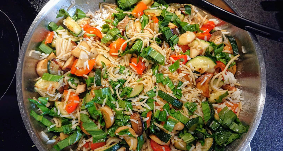Almost vegan food: Veggies with noodles and rice